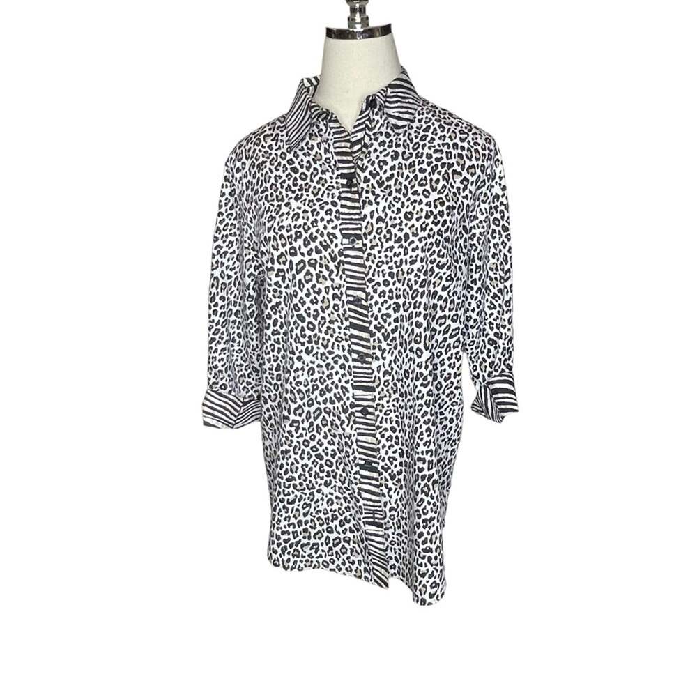 Chico’s 1- Size 8 Leopard/Tiger Print Button Front Tunic Blouse No Iron Cotton